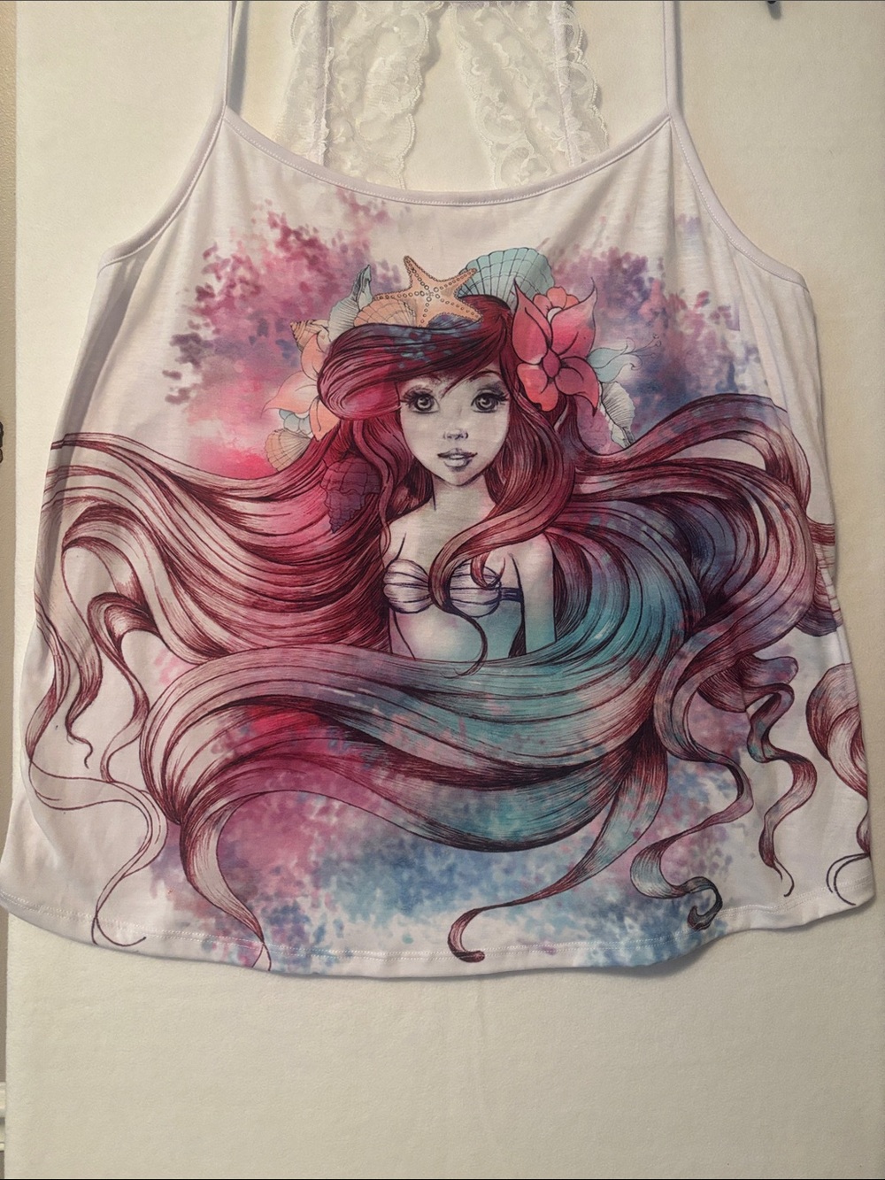Little Mermaid Print Lace-Back Tank Top